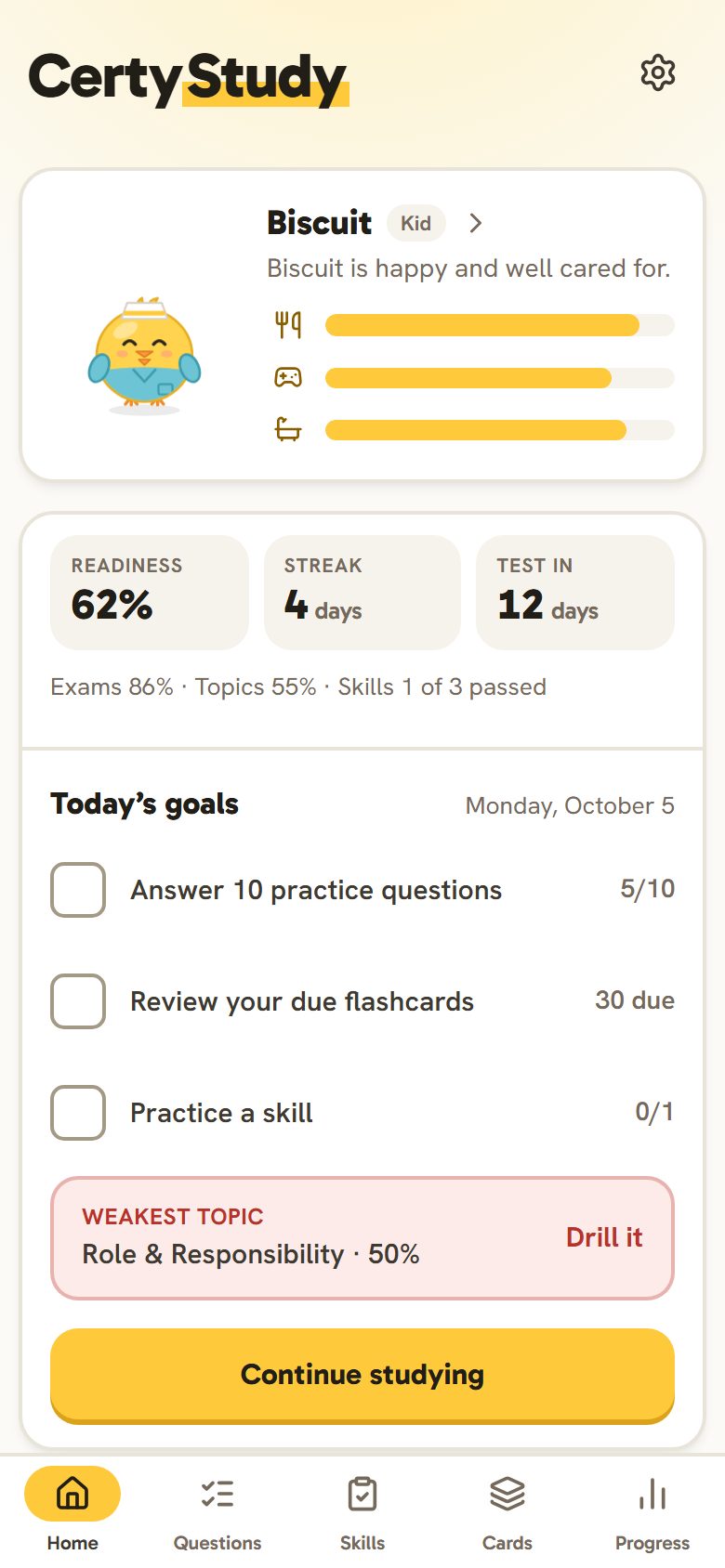 CertyStudy home screen with Biscuit the chick, a readiness score, a study streak, a test-day countdown, and today's study goals.