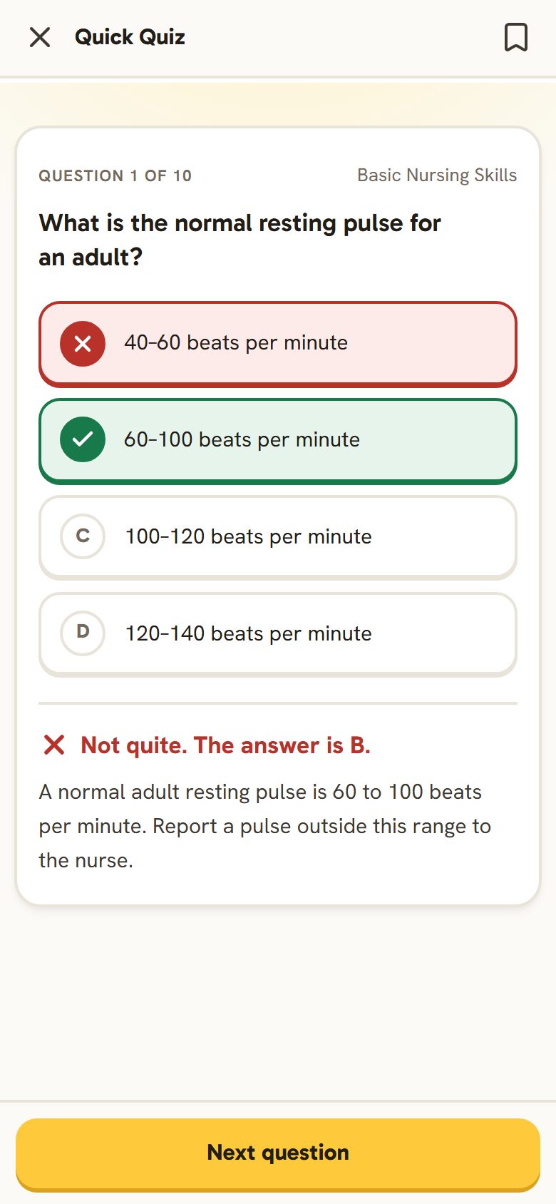 A practice question with the wrong answer marked in red, the right answer in green, and an explanation.