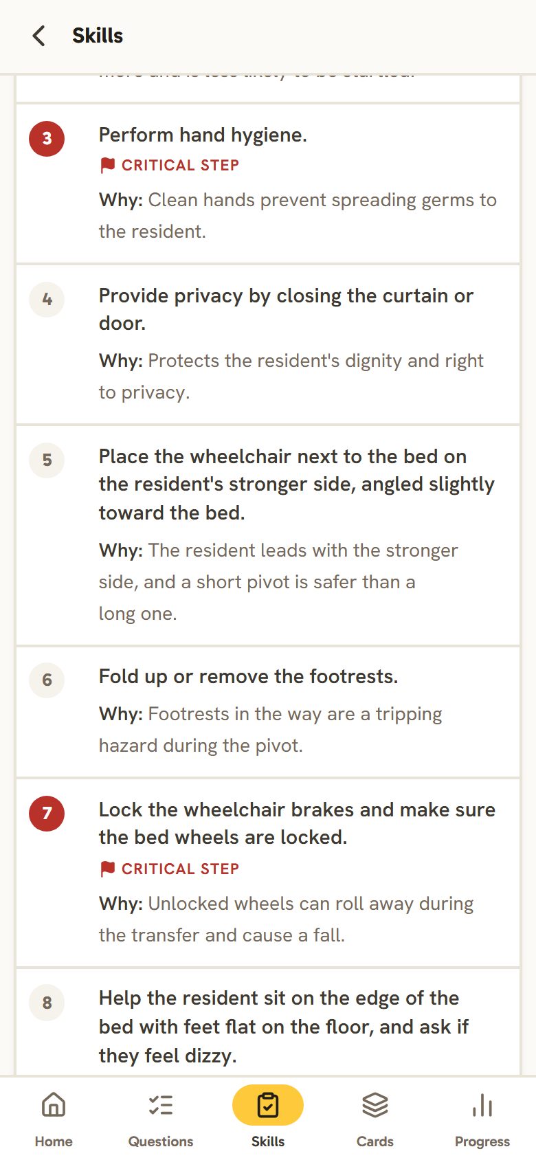 A skills checklist with critical steps numbered in red, each with a short reason why it matters.